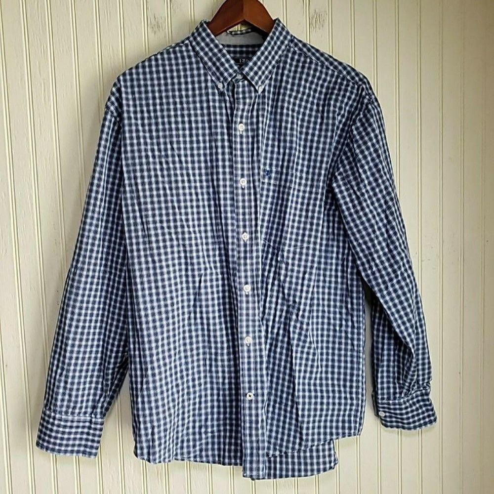 IZOD Shirt Mens Large Blue Check Long Sleeve 100% Cotton Button-Down Casual - Picture 2 of 10